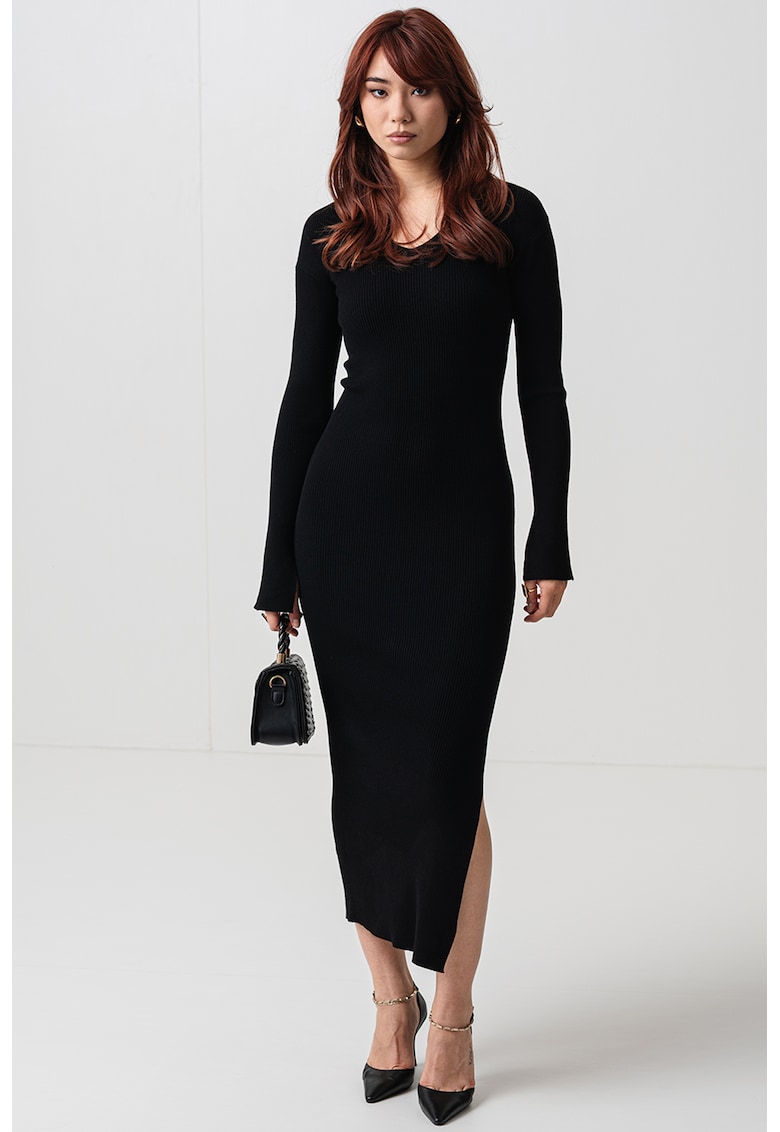 Oferte la Rochie cambrata striata si slit lateral - Negru