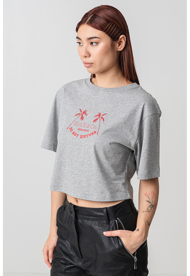 Oferte la Tricou crop cu imprimeu text Babele - Gri deschis