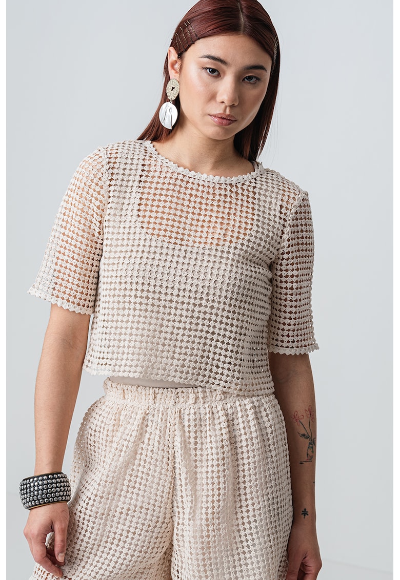 Oferte la Tricou crop cu perforatii Faville - Bej deschis