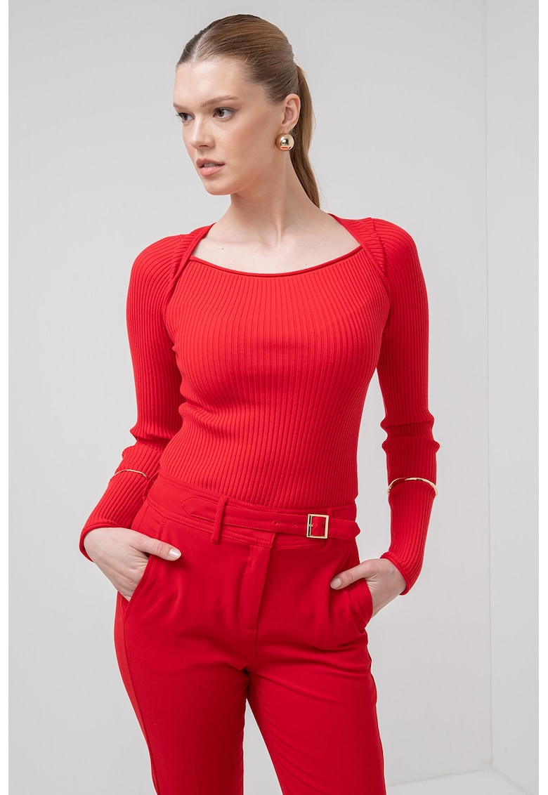 Oferte la Pulover slim fit cu striatii si decolteu rotund Debutto - Rosu vermillion