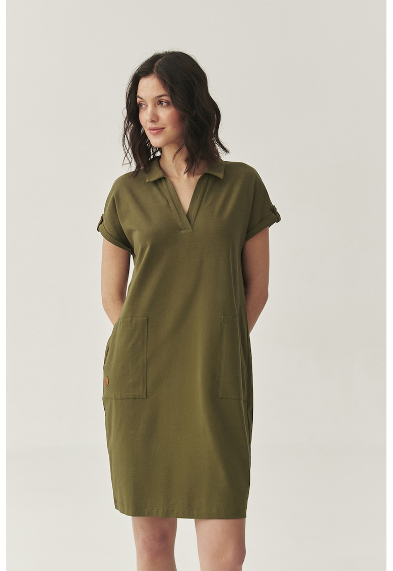 Rochie scurta cu decolteu in V si model uni - Verde feriga