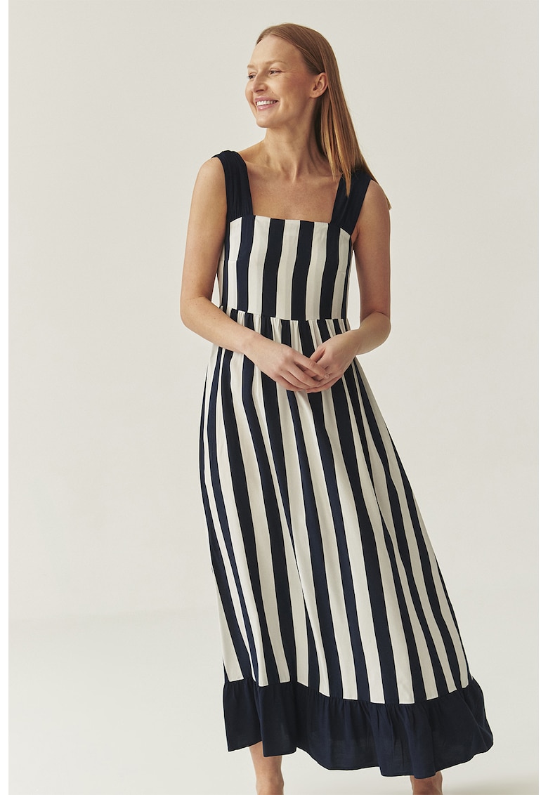 Rochie lunga cu croiala dreapta si model in dungi - Negru/Alb optic