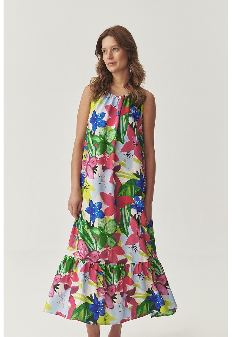 Oferte la Rochie cu pliuri si model floral - fara maneci - Verde/Fucsia/Albastru royal