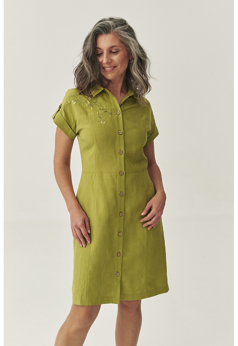 Oferte la Rochie din amestec de in si lyocell cu detaliu floral brodat - Verde masliniu