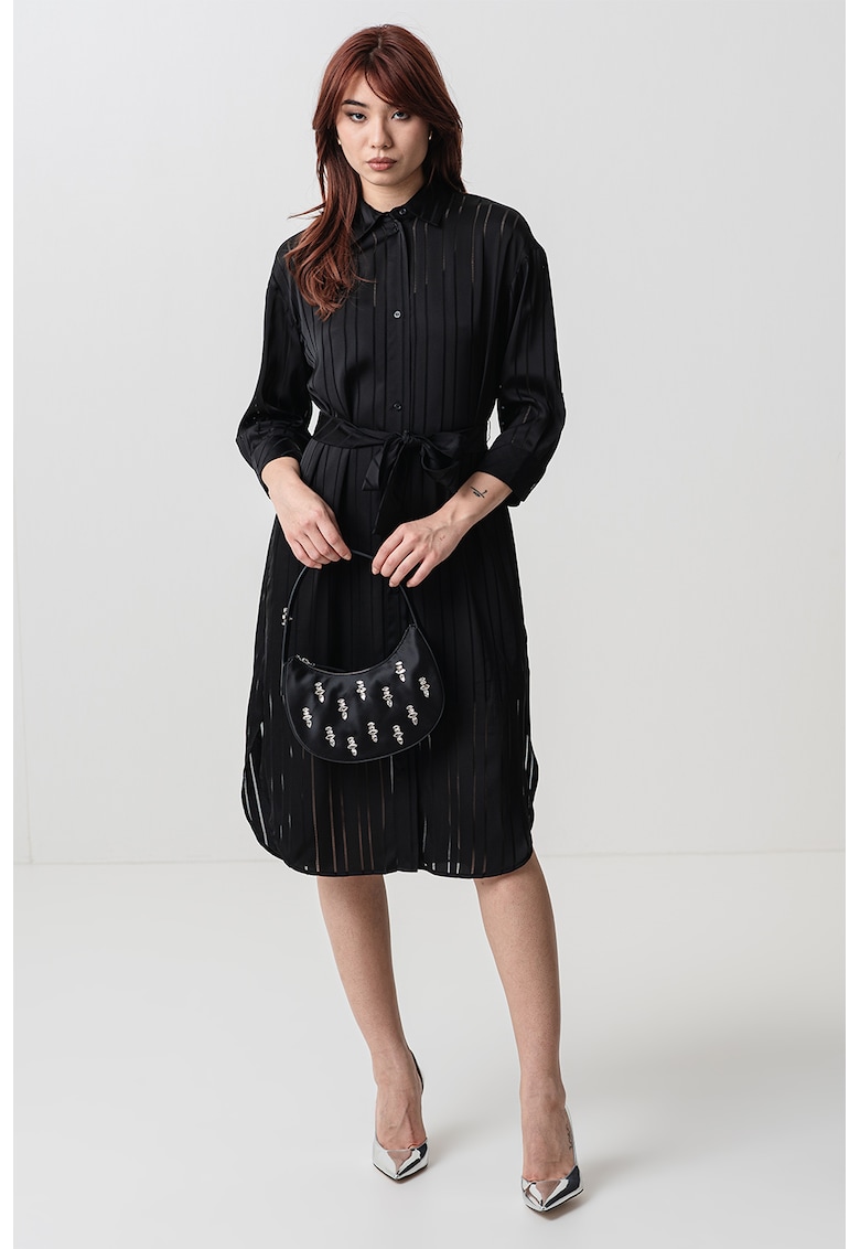 Oferte la Rochie-camasa midi cu cordon in talie - Negru