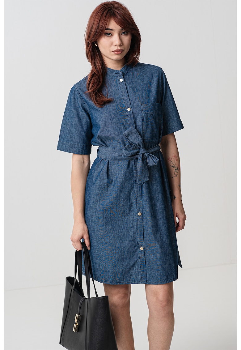 Oferte la Rochie scurta din denim cu cordon in talie - Albastru pastel