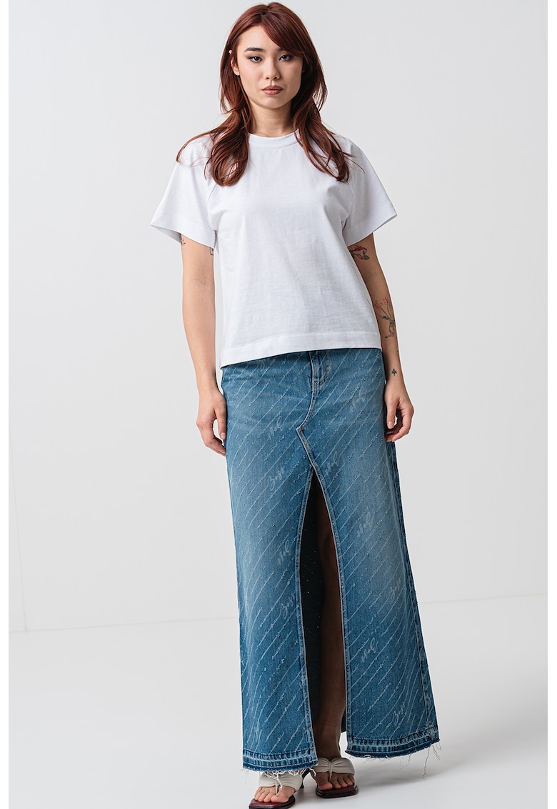 Oferte la Fusta din denim cu croiala dreapta si slit frontal - Albastru deschis