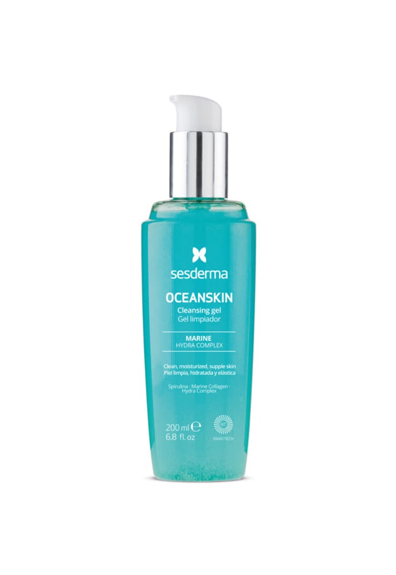 Gel de curatare  OCEANSKIN - tehnologie trifazica inovatoare - curatare si demachiere All-in-One - Ingrediente marine cu Spirulina & Colagen Marin - pentru toate tipurile de ten - 200 ml
