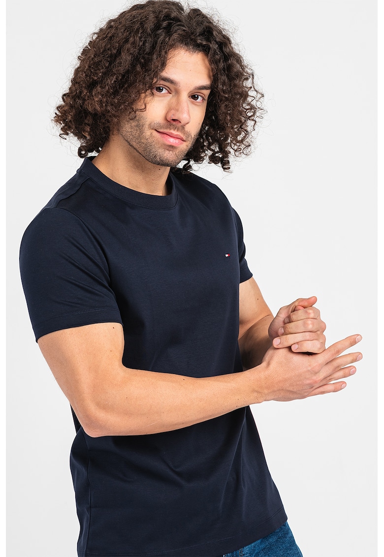 Tricou slim fit cu decolteu la baza gatului - Bleumarin