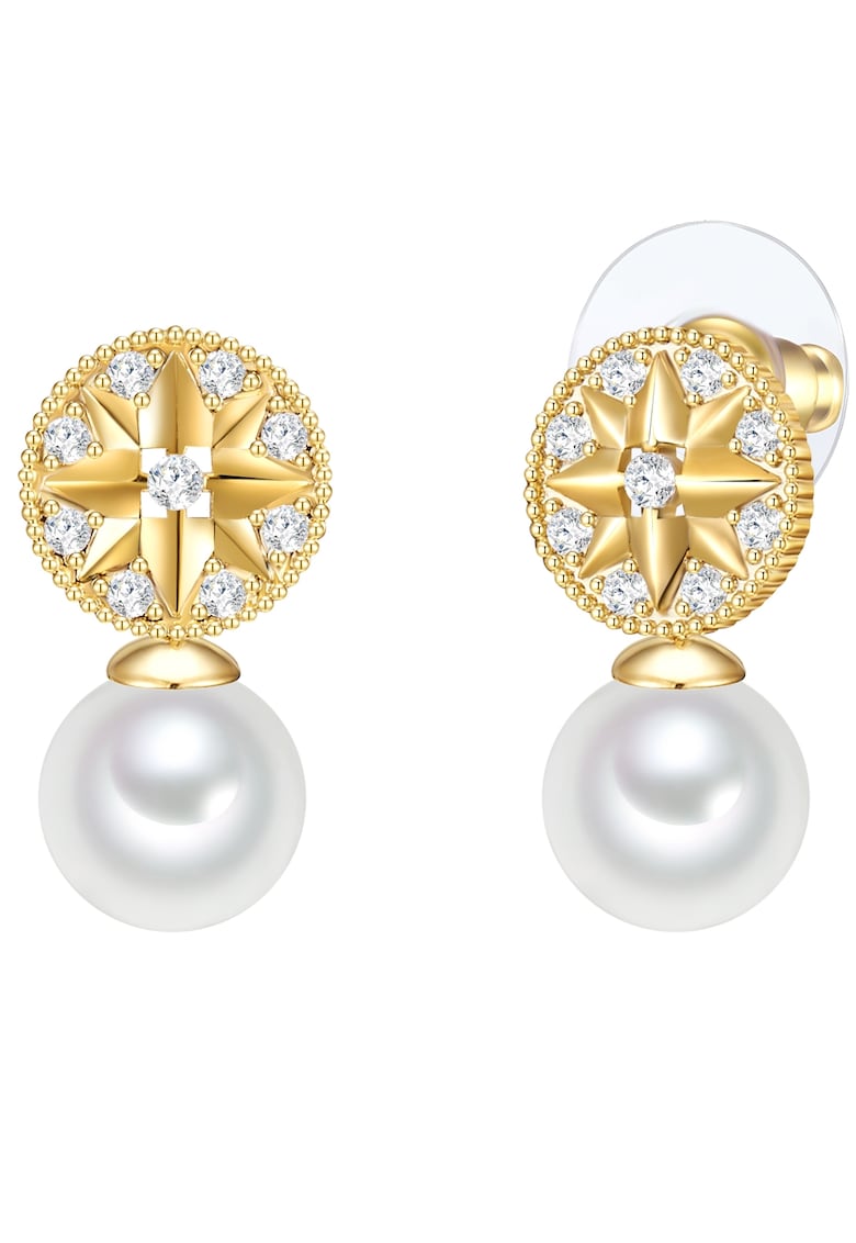 Cercei drop placati cu aur 14K si decorati cu cristale si perle sintetice - Auriu