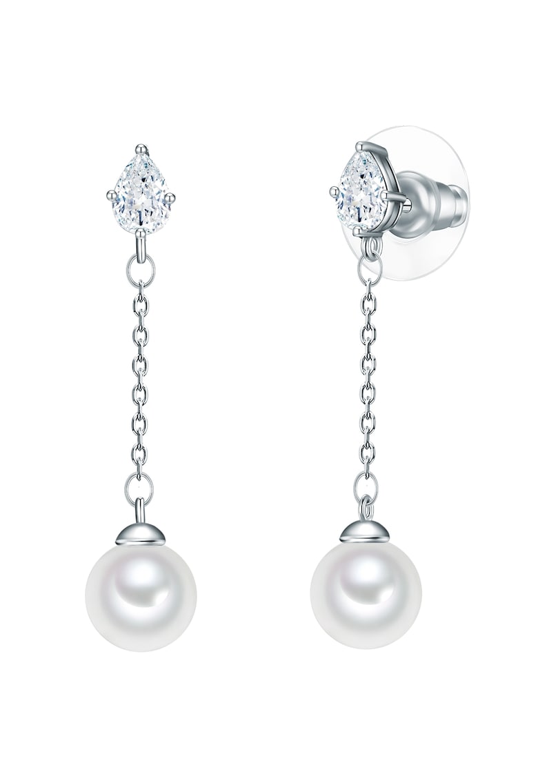 Cercei drop cu zirconia si perle - Argintiu