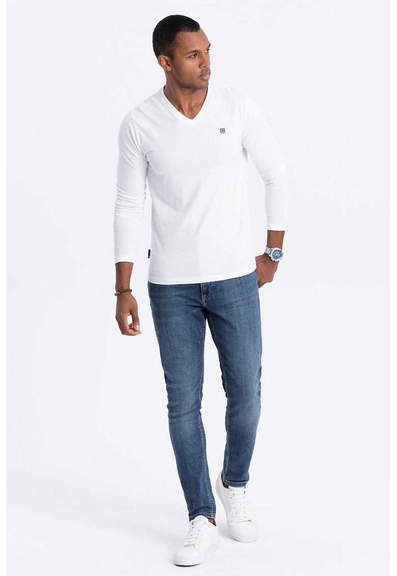 Bluza cu decolteu in V si detaliu logo - Alb optic