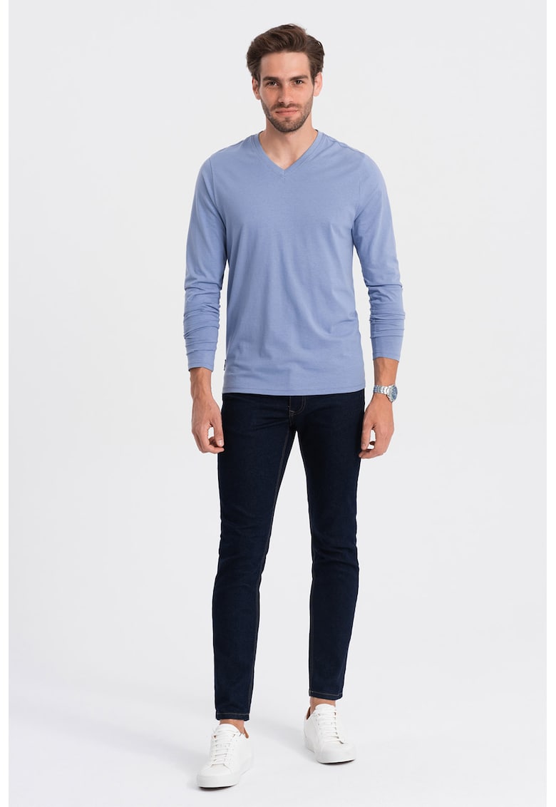 Bluza din bumbac cu decolteu in V - Albastru lavanda