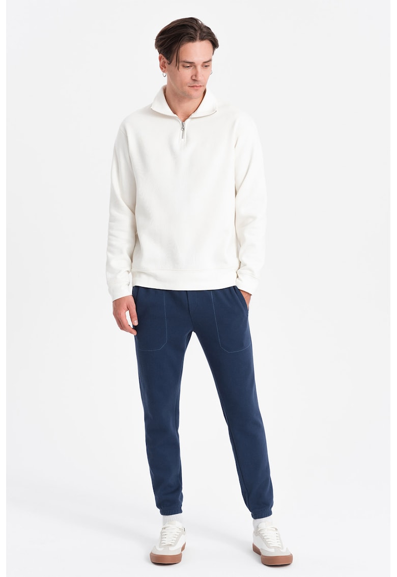 Pantaloni de trening din amestec de bumbac cu snururi de ajustare - Bleumarin