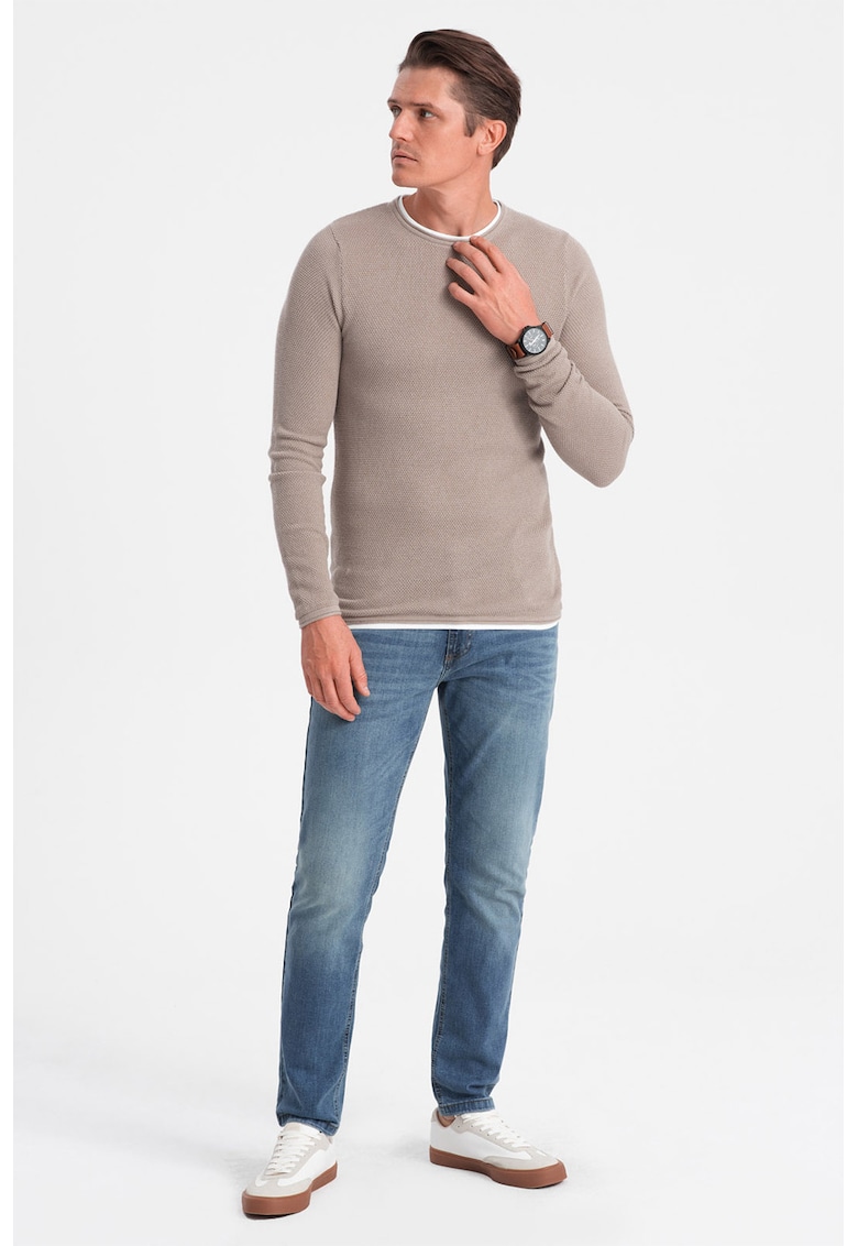 Pulover slim fit cu model uni - Bej
