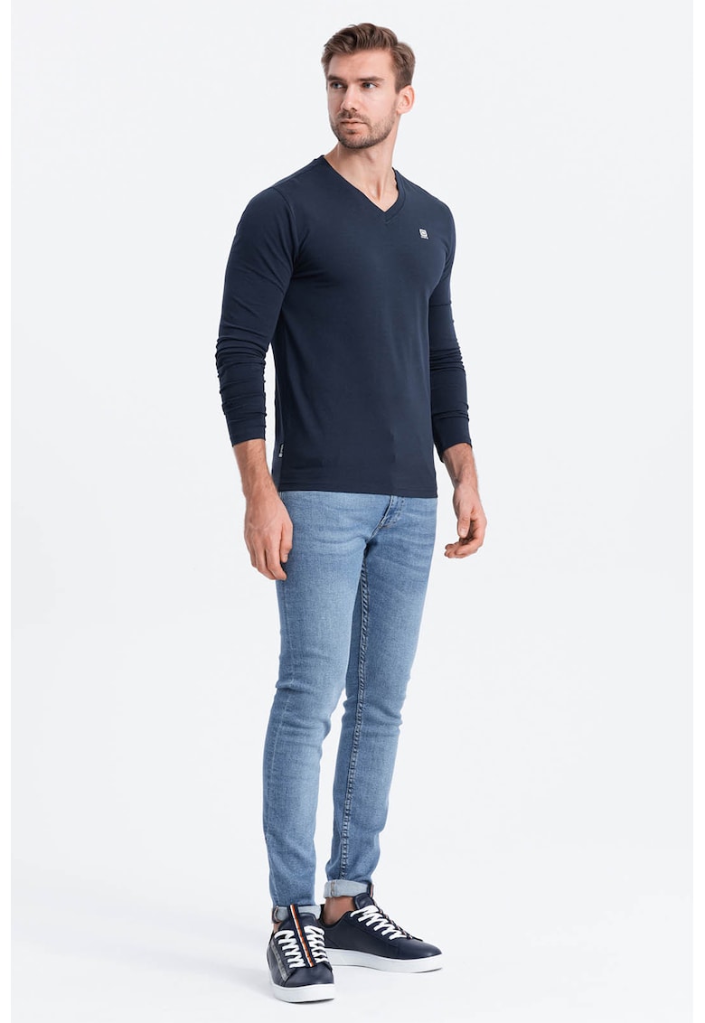 Bluza cu decolteu in V si detaliu logo - Bleumarin