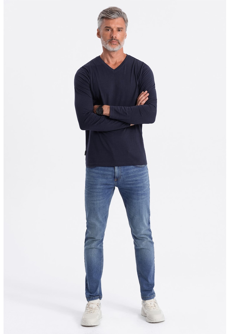 Bluza din bumbac cu decolteu in V - Bleumarin