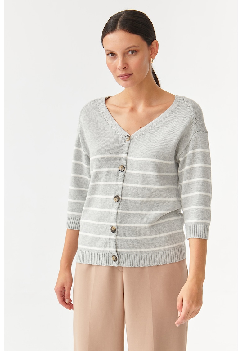 Cardigan cu model in dungi si decolteu in V Sare - Alb/Gri deschis