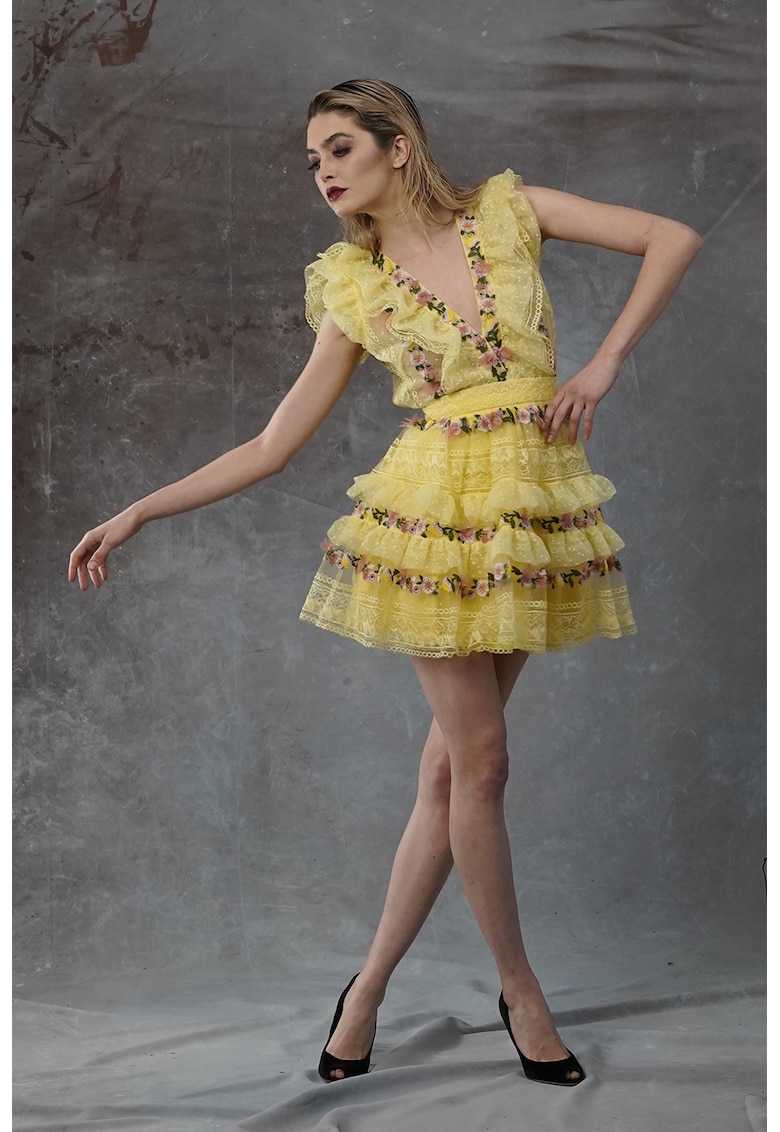 Rochie din tul cu detalii florale Lula - Galben