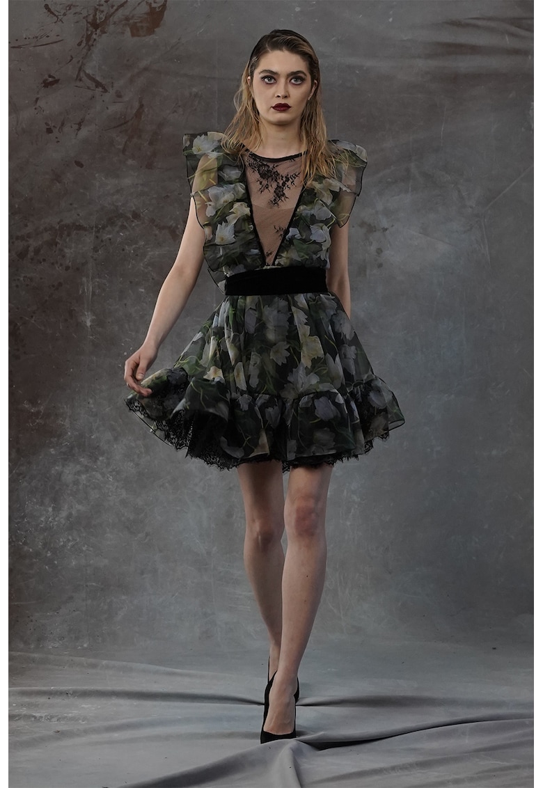 Rochie cu imprimeu floral si garnituri de dantela - Verde/Negru/Albastru prafuit