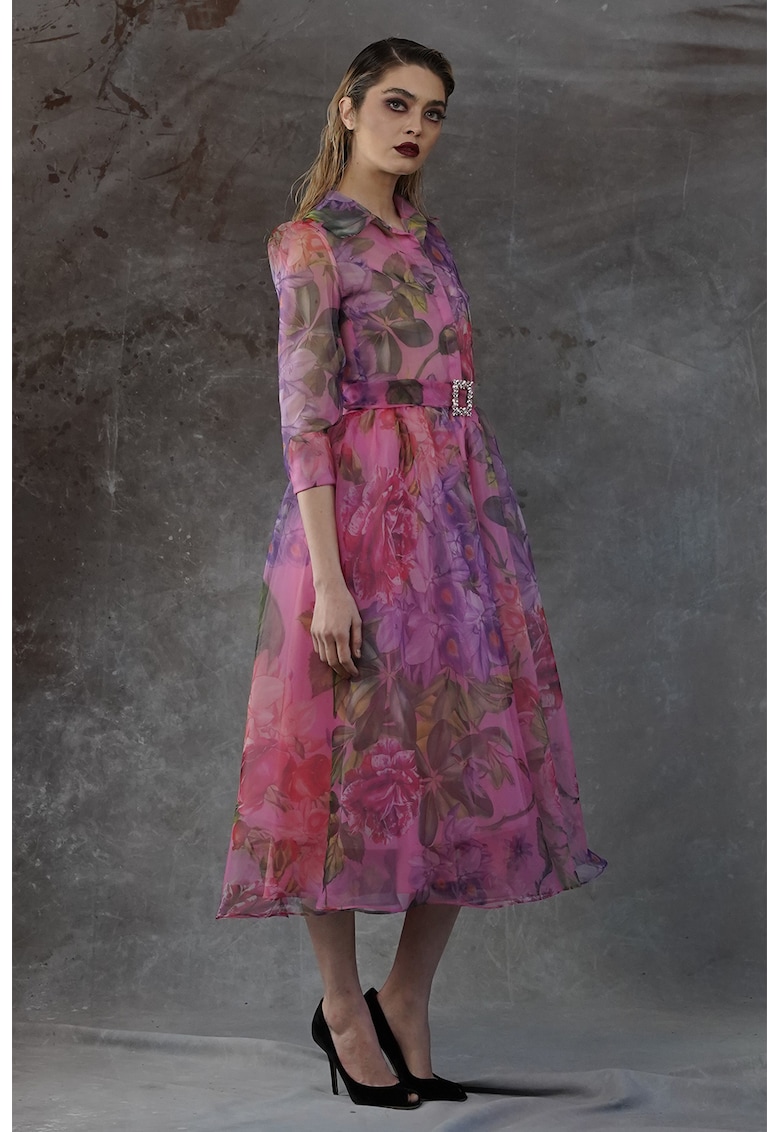 Rochie evazata cu strat exterior semitransparent Colibri - Violet/Kaki/Roz