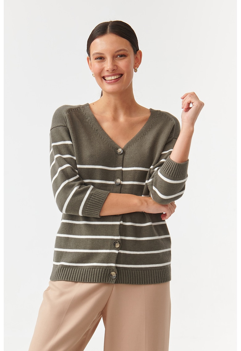Cardigan cu model in dungi si decolteu in V Sare - Alb/Kaki