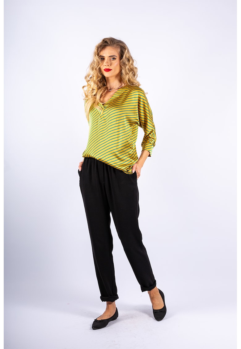 Bluza din satin cu dungi diagonale Aletta - Galben/Albastru petrol