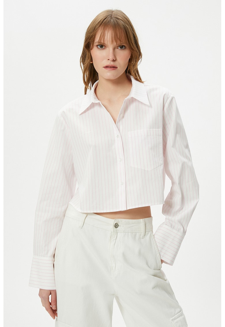 Camasa crop cu model in dungi - Alb/Roz pal