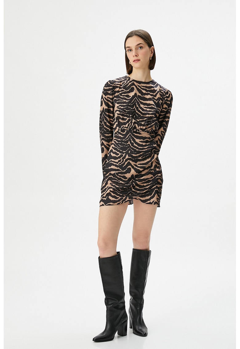 Rochie cu model petrecut si animal print - Negru/Maro nisip