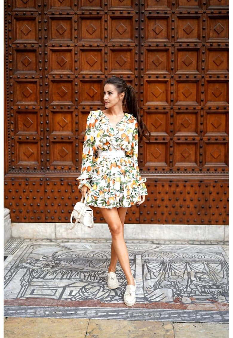 Rochie scurte din amestec de matase cu imprimeu - Alb/Verde/Galben