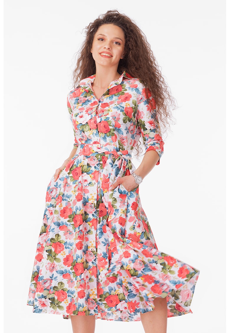 Rochie-camasa evazata cu cordon in talie - Verde/Coral/Albastru