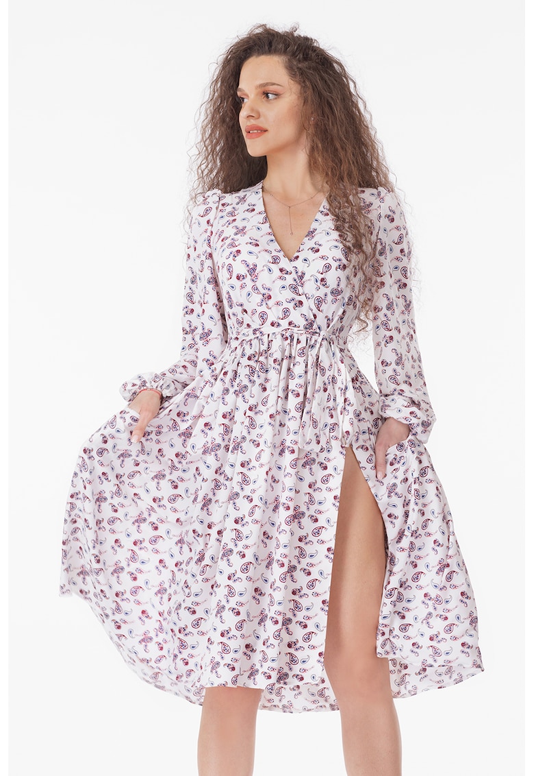 Rochie evazata cu slit lateral - Alb/Visiniu/Albastru