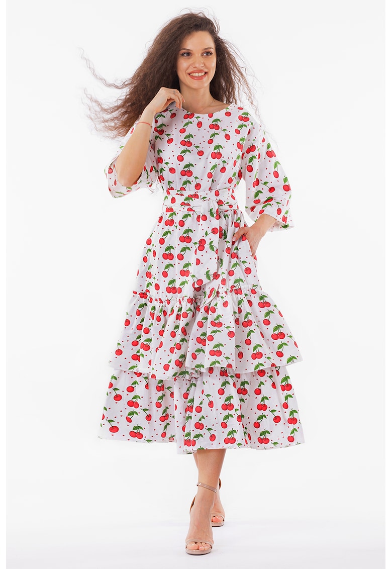 Rochie evazata cu imprimeu cu fructe - Rosu/Alb/Verde