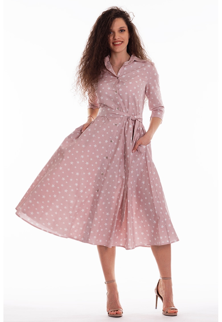 Rochie-camasa evazata cu cordon in talie - Alb/Roz prafuit