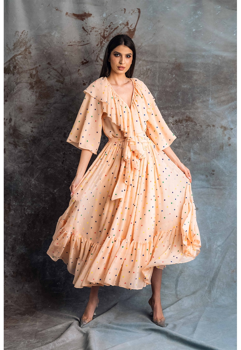 Oferte la Rochie din amestec de matase cu garnituri cu volane Este - Piersica