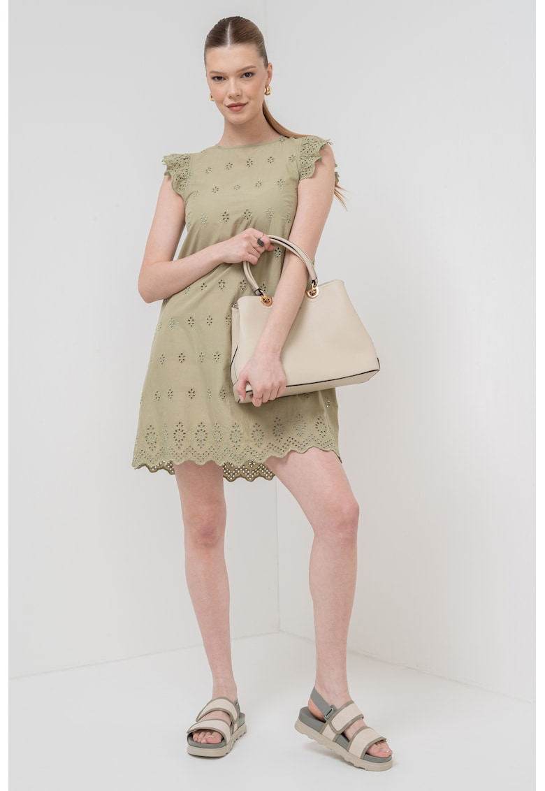 Oferte la Rochie scurta din bumbac organic cu aspect perforat - Kaki