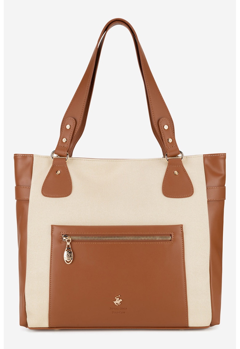 Geanta shopper cu segmente din panza - Bej/Caramel