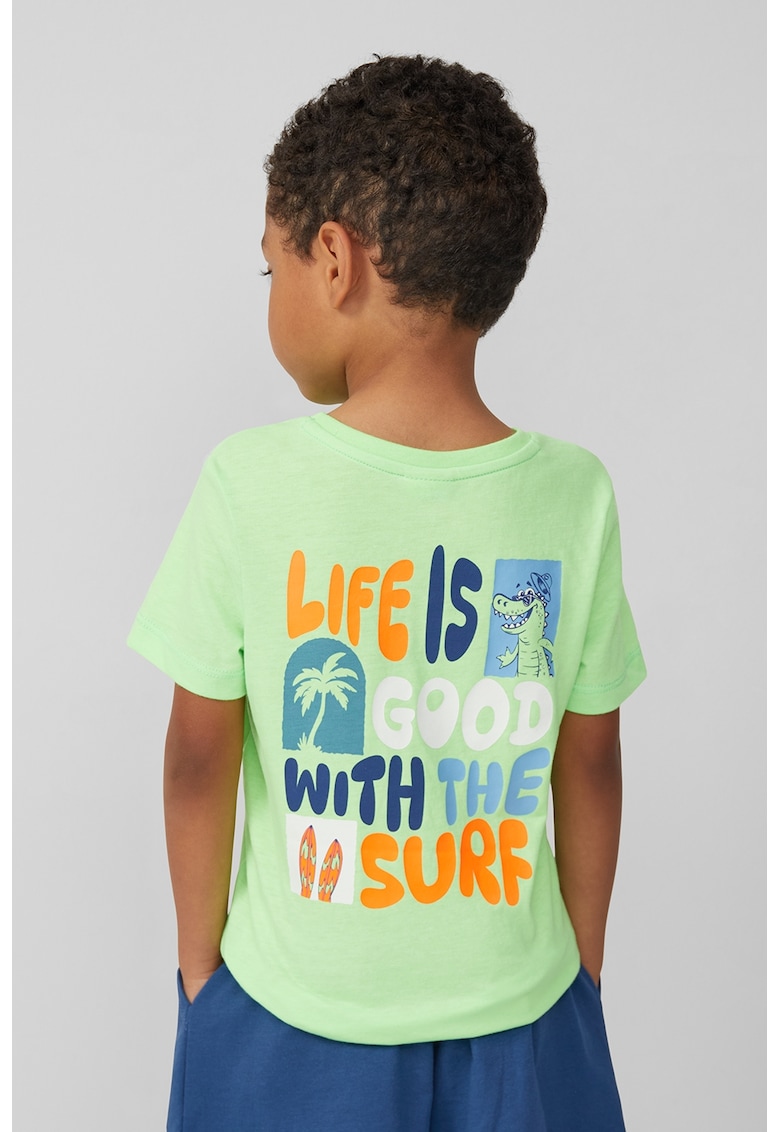 Oferte la Tricou cu decolteu la baza gatului si imprimeu pe partea din spate - Albastru pastel/Portocaliu stins/Verde pal