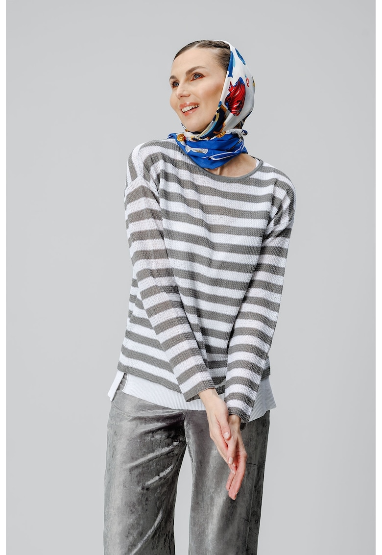 Oferte la Bluza din amestec de in cu dungi si decolteu rotund - Alb/Gri