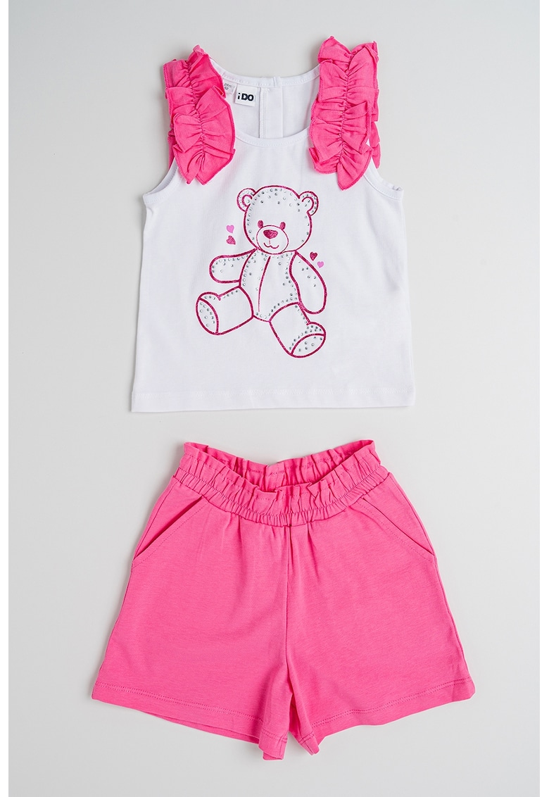 Set de top cu model - aplicatii cu volane si pantaloni scurti cu model uni - 2 piese - Alb/Roz