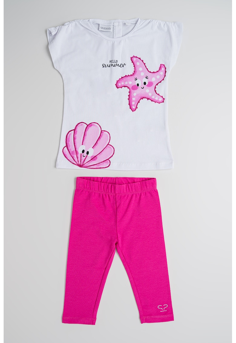Set de colanti si tricou cu model grafic - 2 piese - Alb/Fucsia