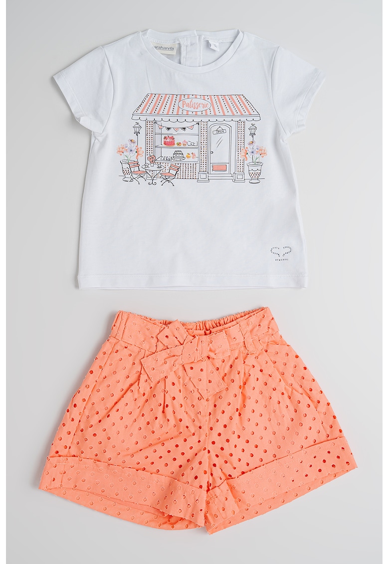 Set de tricou si pantaloni scurti din amestec de bumbac - 2 piese - Alb/Coral