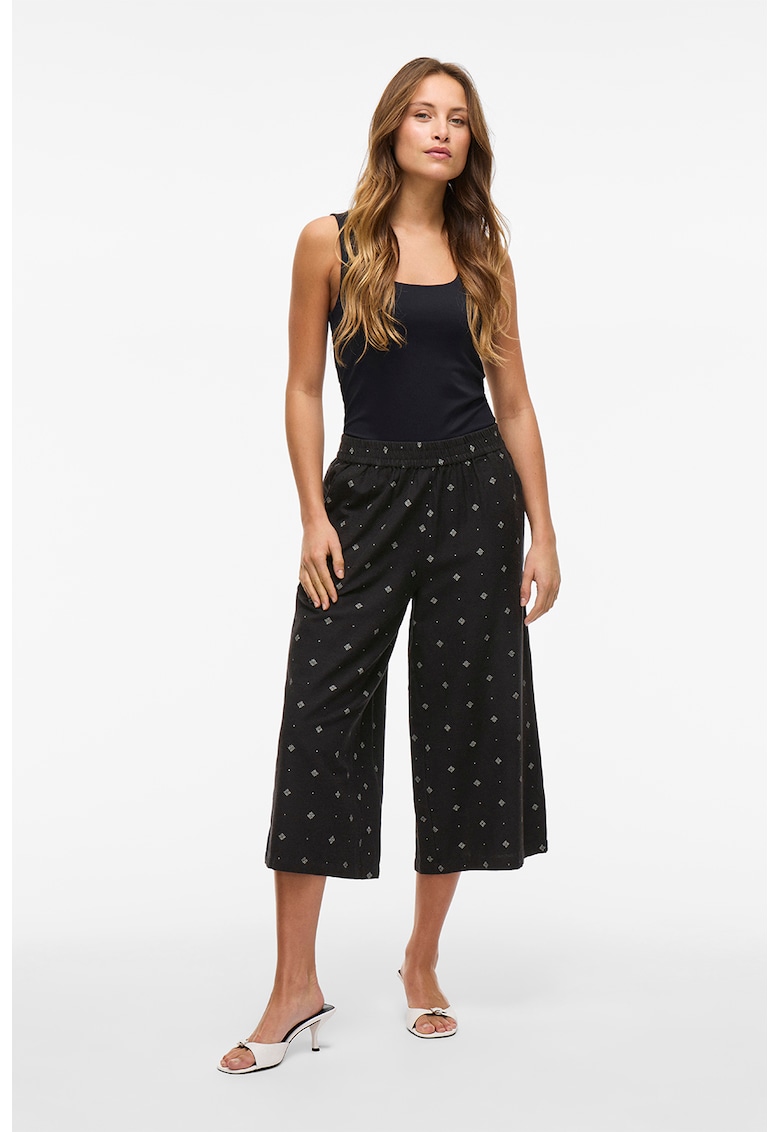Pantaloni evazati cu model si talie elastica - Negru