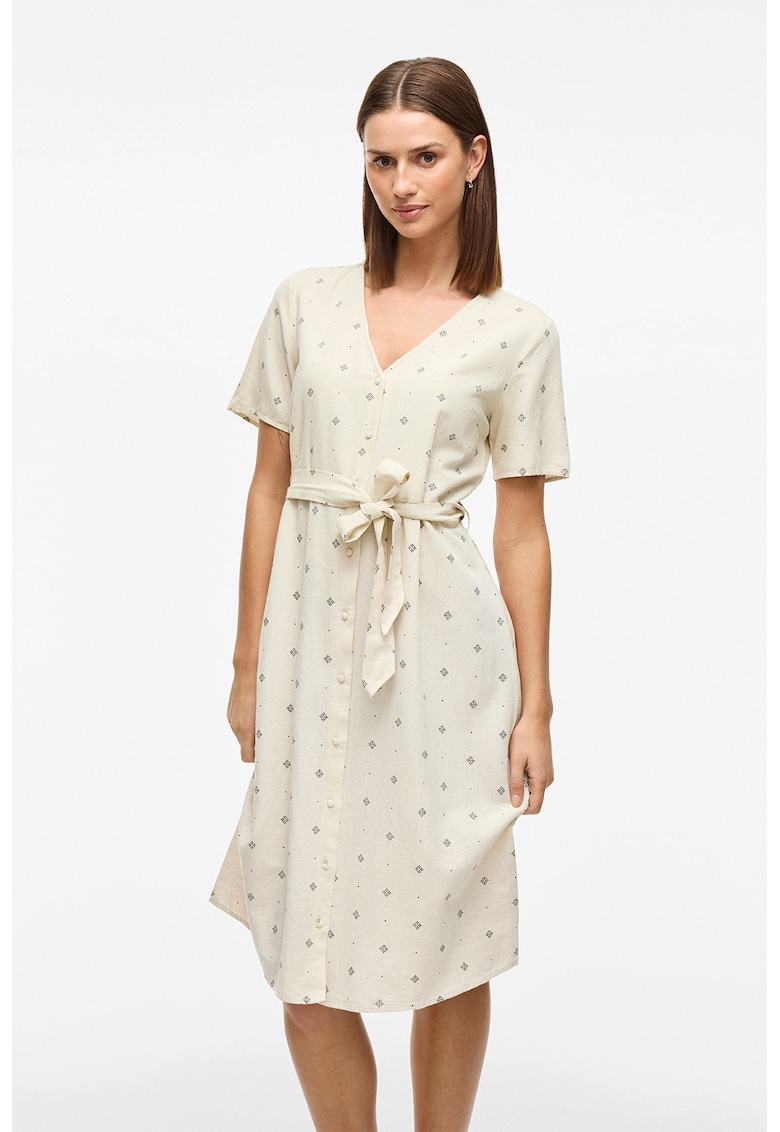 Rochie midi cu model si cordon in talie - Alb fildes
