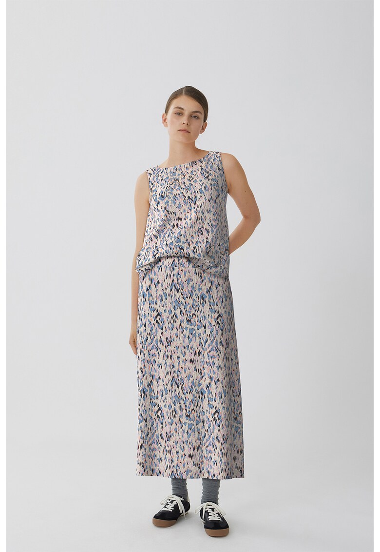 Bluza cu model si decolteu in V - Maro nisip/Roz