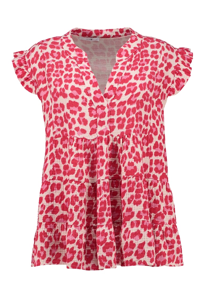 Bluza cu imprimeu si terminatie cu volane - Fucsia/Crem