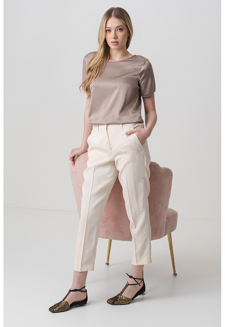 Pantaloni plisati din amestec de in - Crem