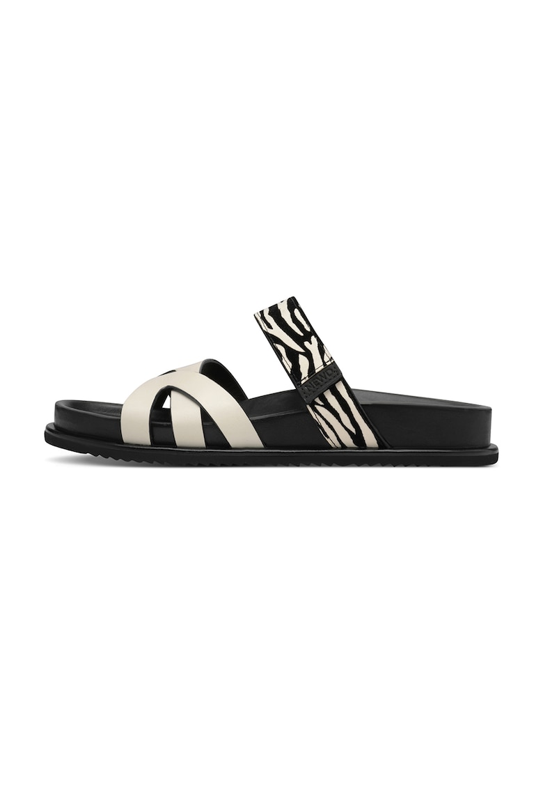 Papuci de casa din piele cu banda velcro - Negru/Crem