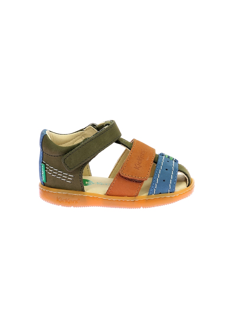 Sandale de piele cu velcro - Portocaliu/Albastru prafuit/Kaki