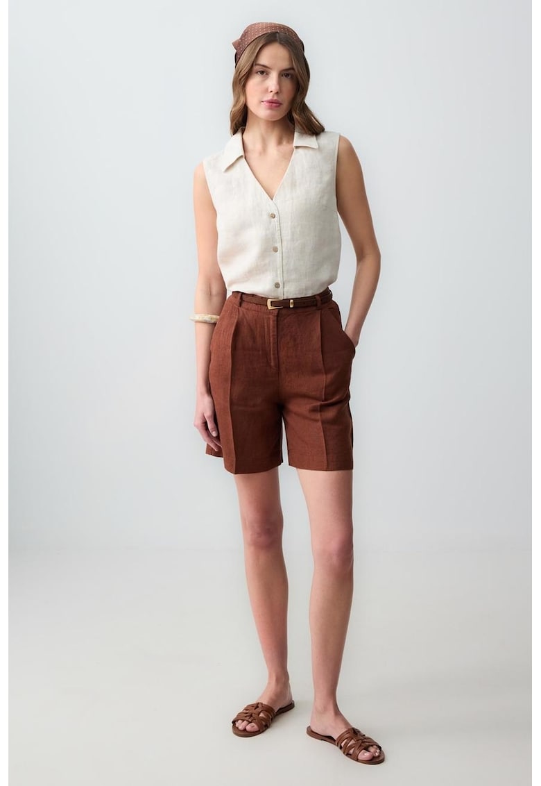 Pantaloni scurti de in cu talie inalta - Maro inchis